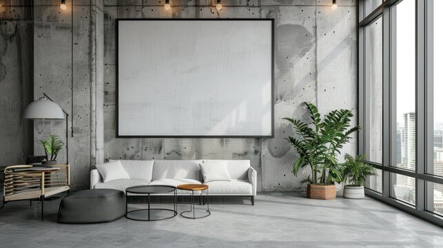 Blank white poster in black picture frame on wall with modern furniture, 3D rendering, mock up