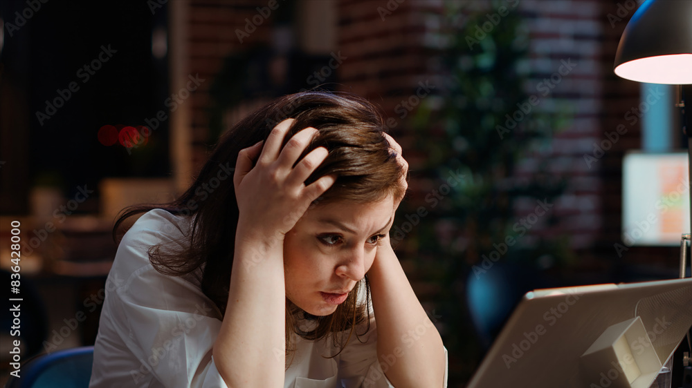 Poster worker frustrated by mistake she made while inputting data on laptop while working on company projec