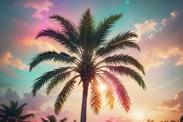 Landscape with palm trees on beach.  Palms silhouettes at neon sunset sky. Summer tropical background. Vacation travel concept.
