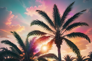 Landscape with palm trees on beach.  Palms silhouettes at neon sunset sky. Summer tropical background. Vacation travel concept.
