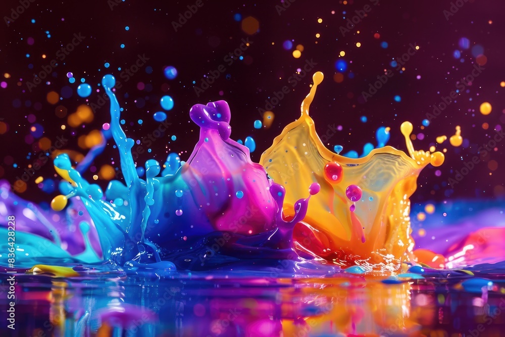 Poster A detailed view of a vibrant paint splash on the surface of calm water, ideal for use in design and art projects