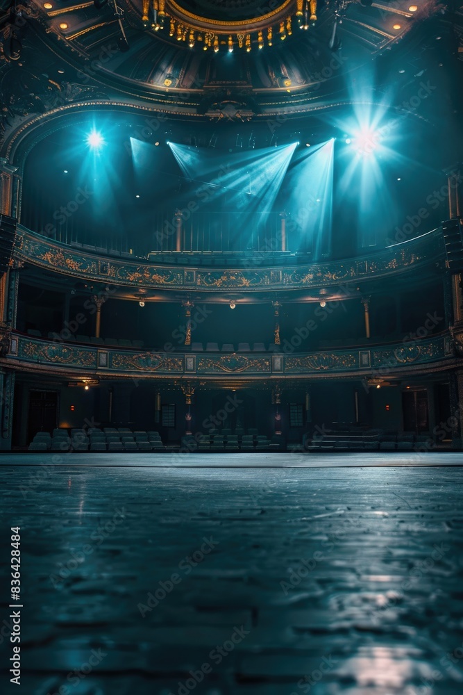 Poster An empty stage set with lights and a chandelier, perfect for any theater or performance setting