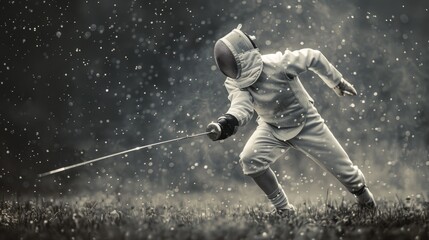 A person dressed in a fencing suit holds a sword, suitable for historical or sports-related contexts