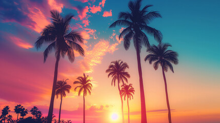 palm trees silhouetted against a vibrant sunset, with the sun dipping into the horizon
