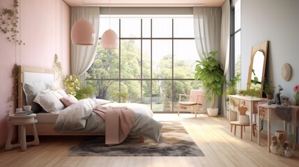 A modern bedroom with pastel tones and large windows, offering a stunning view. .