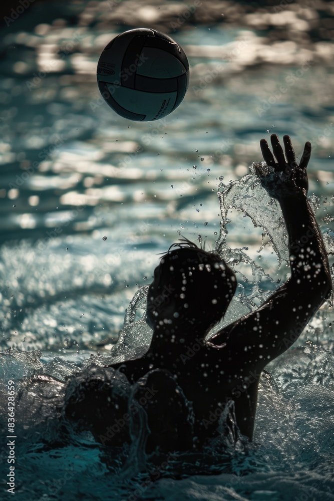 Poster a person enjoying themselves by playing with a ball in the water