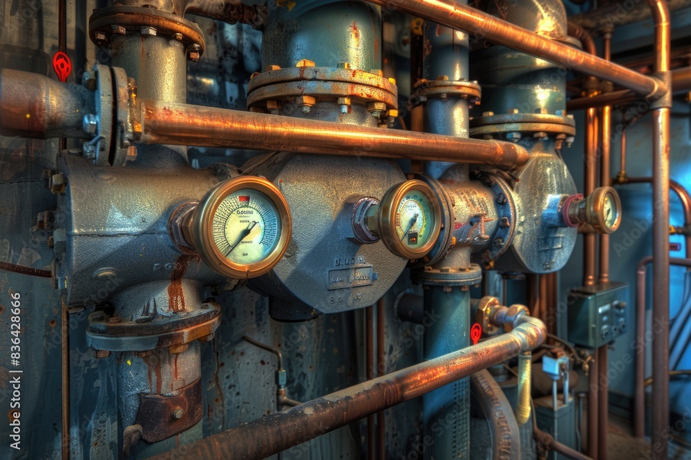 Poster a close-up shot of a group of pipes with various gauges