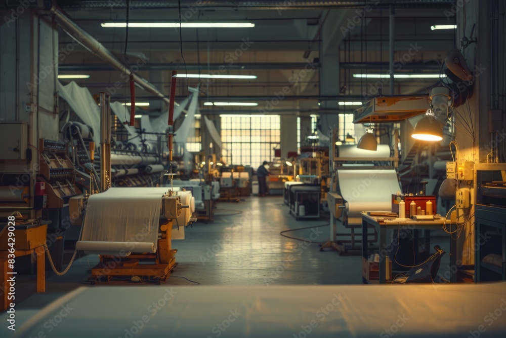 Poster a large industrial factory with many machines and equipment inside