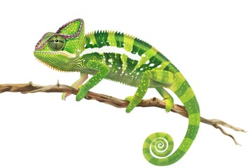 Obraz premium A vibrant green chameleon sits calmly on a branch, blending in with its surroundings