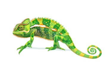 A close-up shot of a chameleon lizard sitting on a white background, showcasing its vibrant green and yellow coloration