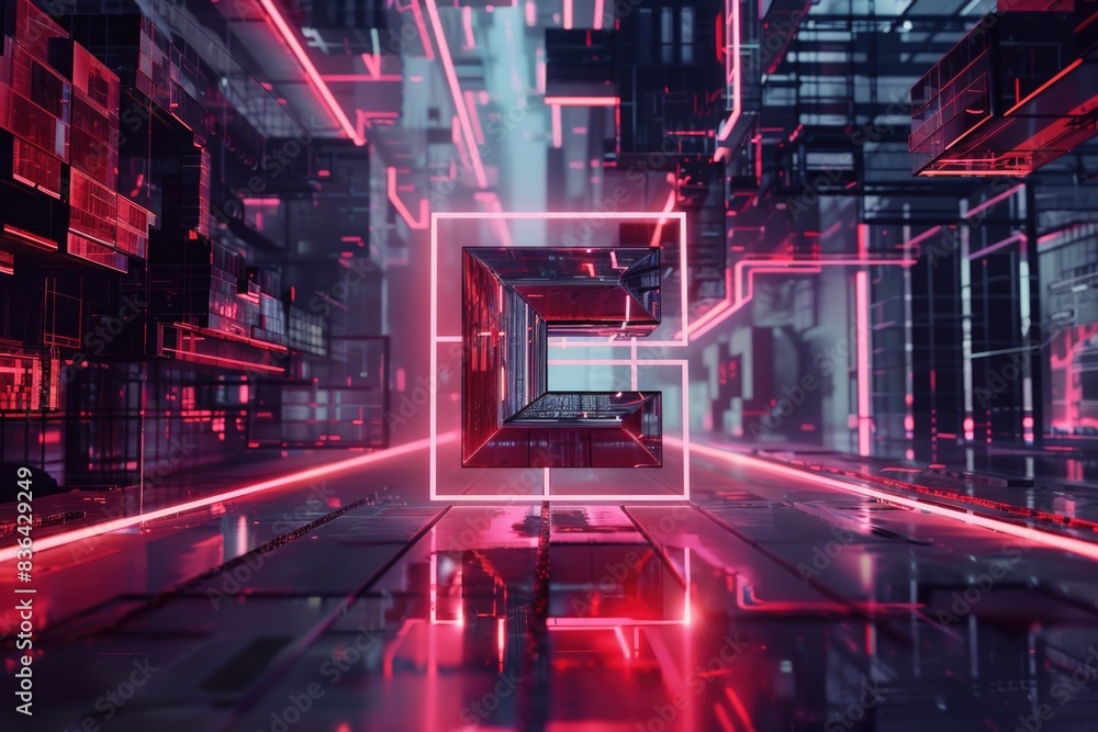 Poster nighttime scene of a futuristic city with a red neon light, suitable for use in illustrations about 
