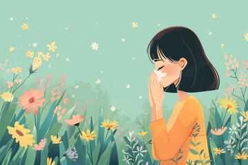 An illustration of a woman sneezing in a field of wildflowers, representing hay fever and seasonal allergies, with pollen visibly floating in the air