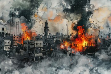 A cityscape image showing thick smog or fog covering the urban area, possibly due to industrial or environmental factors