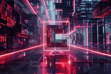 Nighttime scene of a futuristic city with a red neon light, suitable for use in illustrations about technology, urban landscapes, and futuristic themes