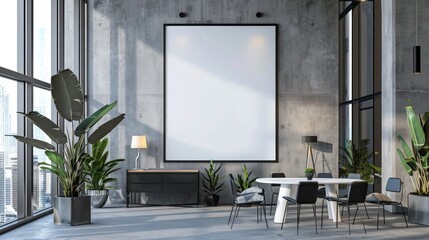 blank picture frame mockup on a wall vertical frame mockup in modern minimalist interior with plant in trendy vase on wall background, Template for painting, photo or poster