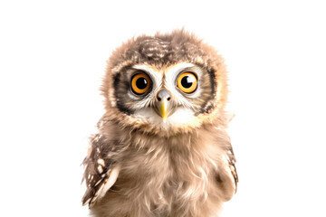 Naklejka premium Cute owl looking at camera. Head close-up portrait of owl. White Isolated background. Generative AI