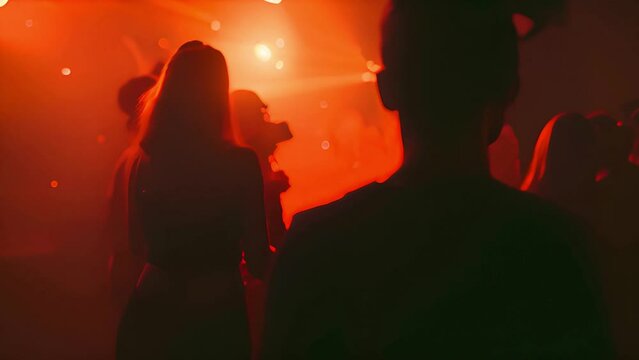 Underground music club. People partying and dancing in disco at night. Bloody disco party. Weird feel girl dance. Underground culture lifestyle. Young cool female moves with strange red luminescence. 