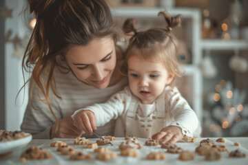 Mother having fun with her little daughter, cooking and baking in the kitchen. Family relationship.