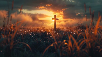 A wooden cross stands tall in a lush green field during sunset, with warm golden light casting long shadows - Powered by Adobe