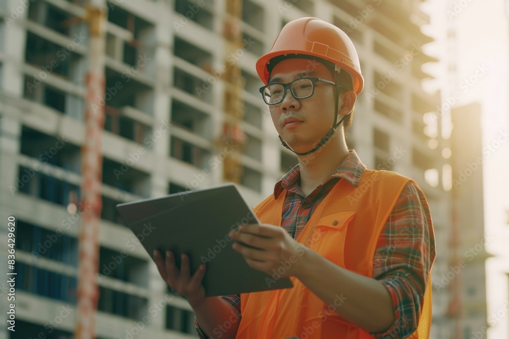 Poster a person wearing an orange vest holds a tablet computer, ideal for use as a stock photo for digital 