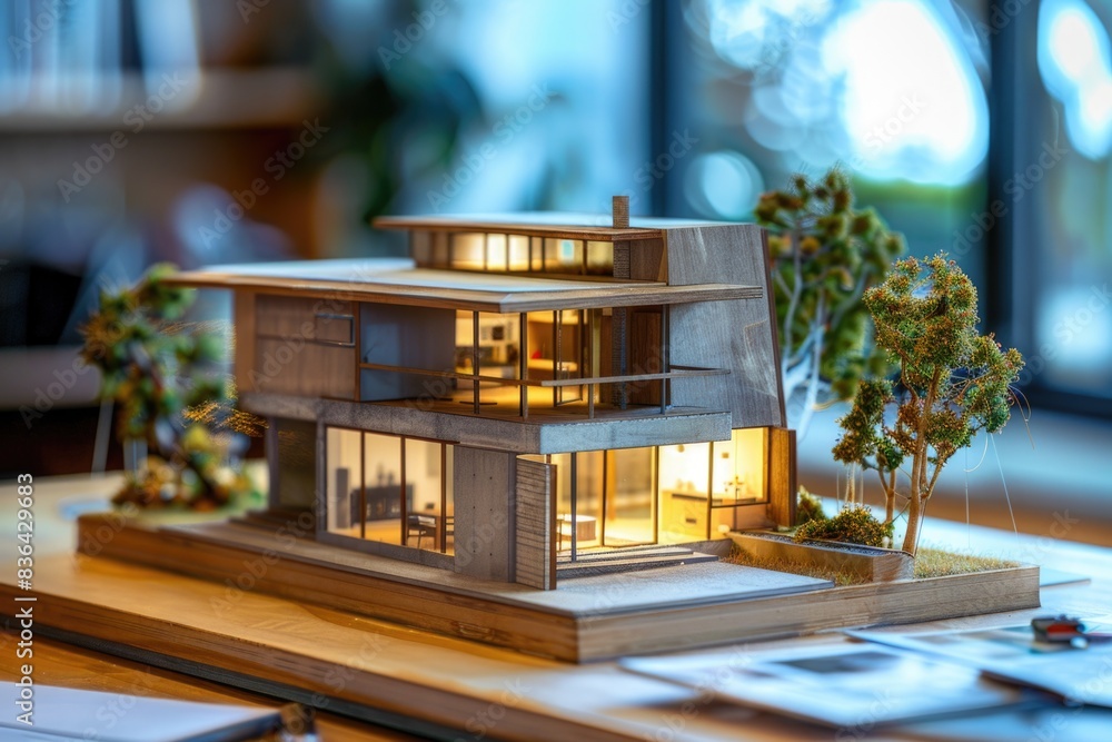 Poster a miniature house model placed on a flat surface, suitable for use in presentations or as a decorati