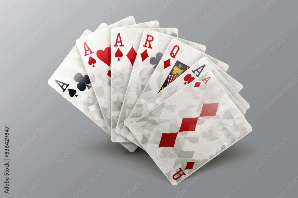 Poster Close-up of four different playing cards laid out on a table, with no background or distractions