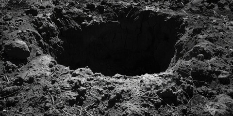 A black and white photo of a hole in the ground, suitable for use in stories about adventure, exploration or mystery