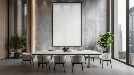 Blank white poster in black picture frame on wall with Clean meeting room, 3D rendering, mock up