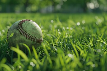 A solitary baseball sits atop a lush green field, perfect for a casual outdoor game or as a decorative prop