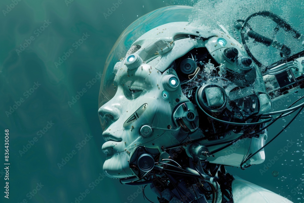 Poster A robot partially submerged in water with its head filled up