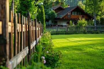 Fototapeta premium A residential property with a house and lawn in the background, suitable for use in real estate or home decor contexts