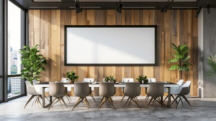 Blank white poster in black picture frame on wall with Clean meeting room, 3D rendering, mock up