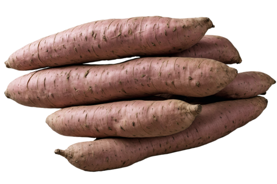 A stack of fresh, uncooked sweet potatoes on a transparent, png,white background, ideal for food-themed designs