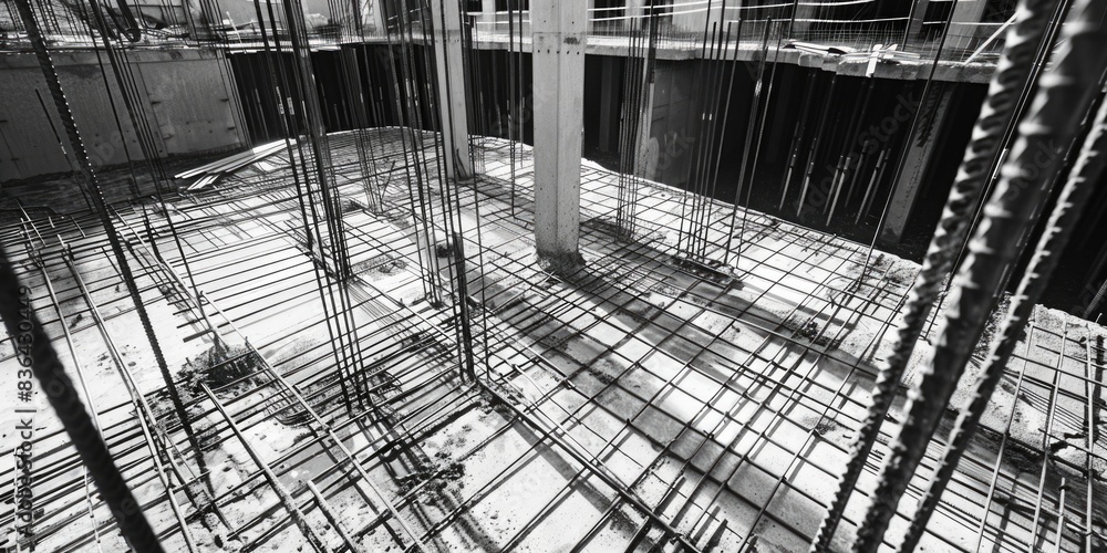 Aufkleber a black and white photo of a construction site with various machines at work