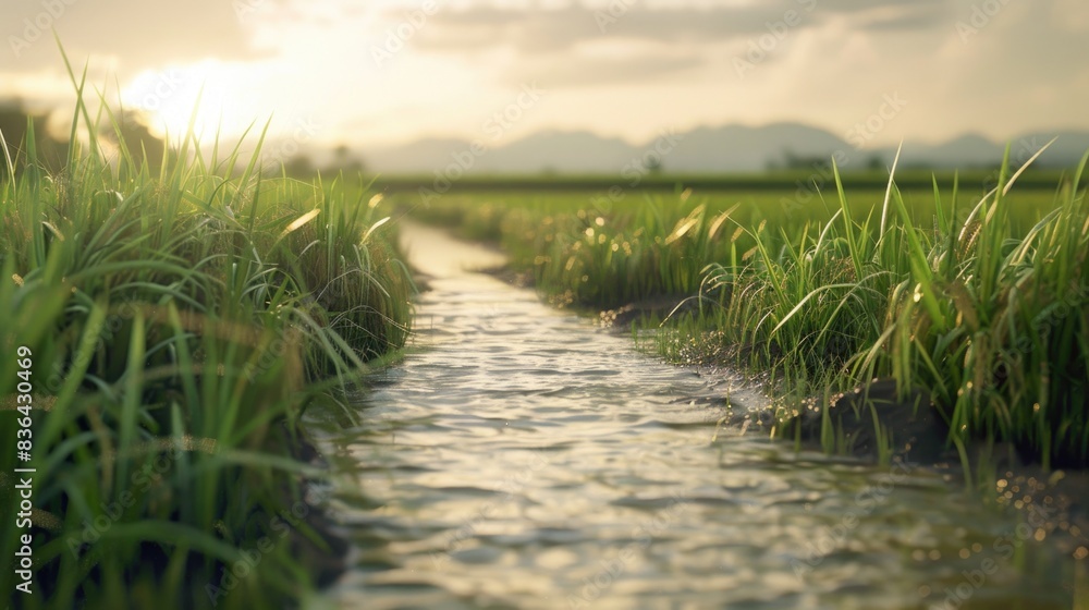Poster a small stream flows through a lush and green meadow, with sunlight shining down