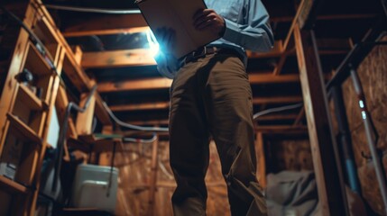 Fototapeta premium A person stands in a room holding a clipboard, useful for office or work-related concepts