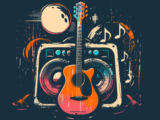 Guitar and amplifier on grunge background. Vector illustration.