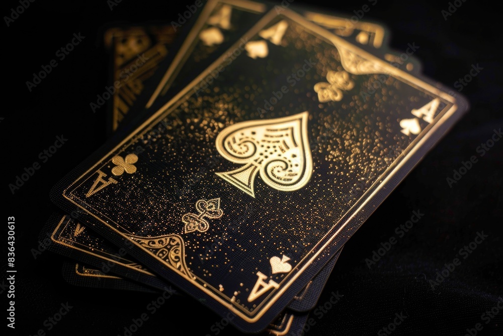 Poster a close-up shot of three playing cards on a table, suitable for use in financial or entertainment co