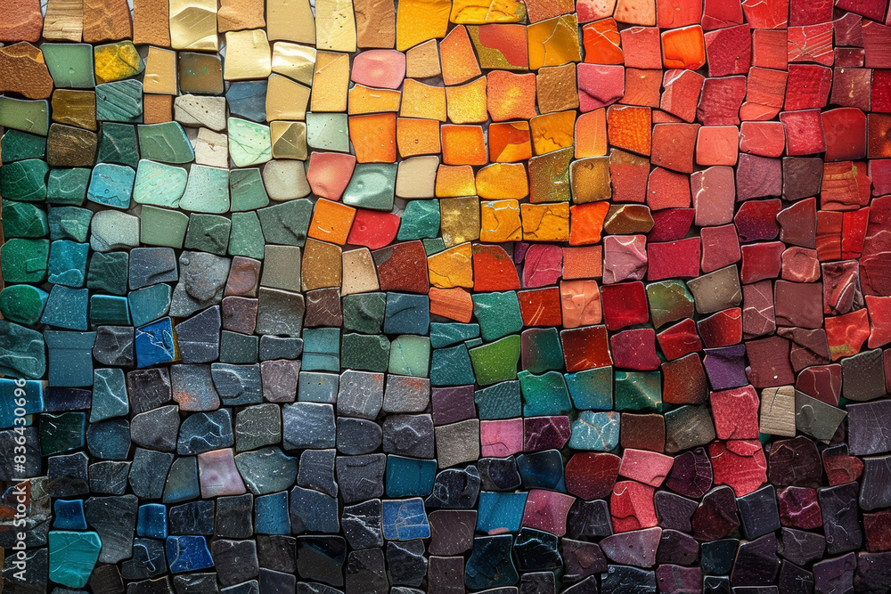 Poster a mosaic of tiny colored tiles creating a larger image. concept of detail and the bigger picture. ge