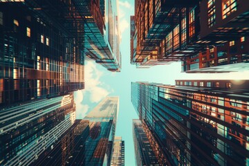 A city street scene featuring multiple high-rise buildings