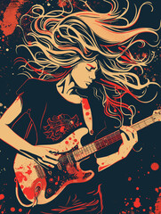 Obraz premium Girl playing the electric guitar on grunge background. Vector illustration.