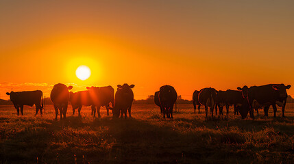 Obraz premium Majestic Cattle Grazing on Highlands at Sunset, Peaceful Countryside Landscape with Warm Summer Evening Light