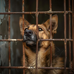A sad homeless dog sitting in a rusty cage at an animal shelter, conveying a sense of abandonment and hunger.