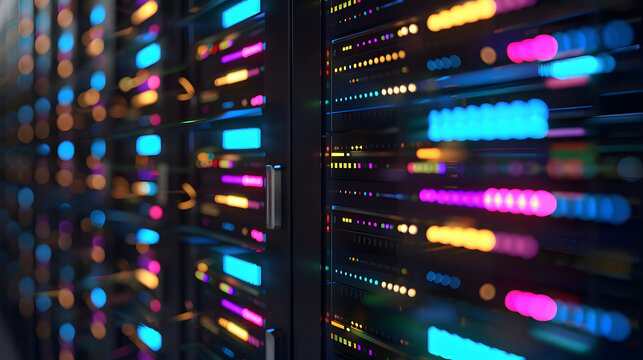 vibrant server racks glowing with data transmission signals, showcasing technology reliability and innovation. generative ai