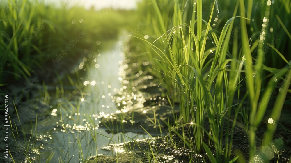 Aufkleber a serene scene of a gentle stream running through a lush green field, perfect for use in images of n