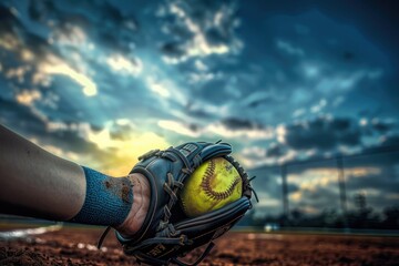 A baseball glove holding a softball on a grassy field, suitable for sports or outdoor recreation imagery