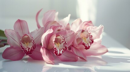 A bouquet of pink flowers arranged on a clean white table - Powered by Adobe