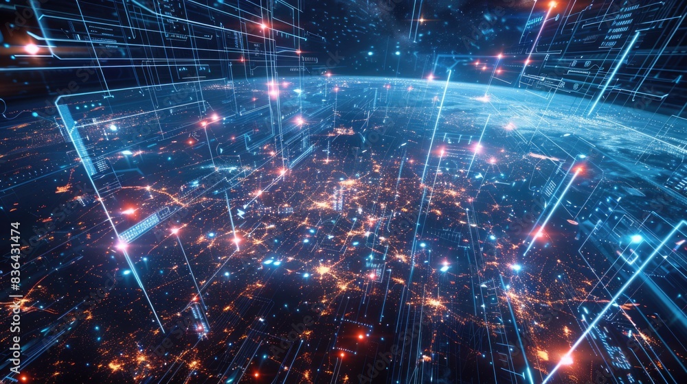 Poster image of earth from space with glow of city lights and stars, suitable for use in science education 