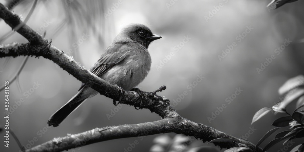 Poster A black and white image of a bird perched on a branch, suitable for use in editorial or commercial contexts