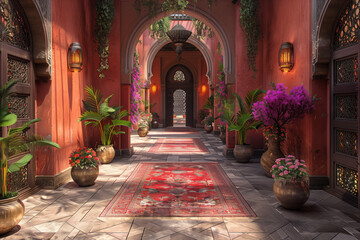 luxurious arabian influenced lobby, tall arcs, swimming pools, cushions and beautiful lights.